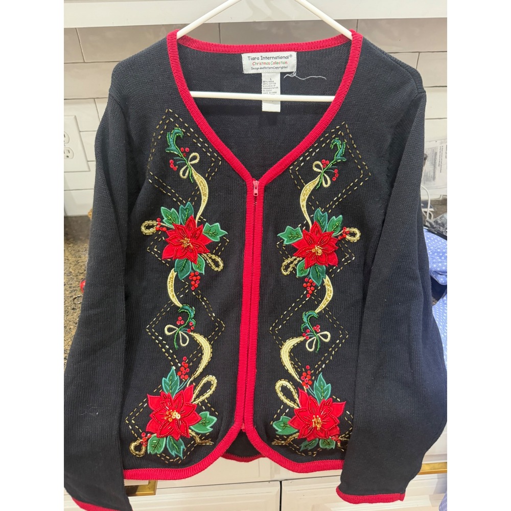 Tiara International Christmas Poinsettia Beaded Zip Cardigan Sweater Black Large